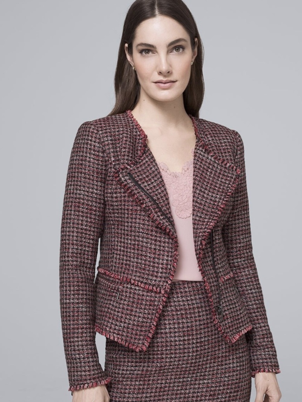 WHBM White House Black Market Red Tweed Jacket Blazer Zip Front Wool Moto 10